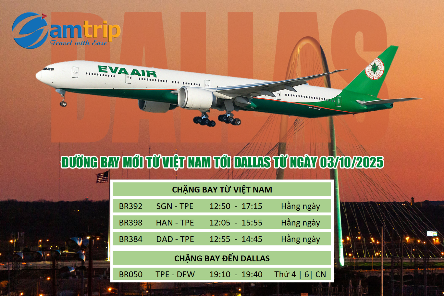 EVA Air mở đường bay mới từ Việt Nam đến Dallas (DFW) từ ngày 3/10/2025